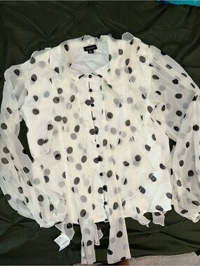 Boohoo White Sheer Blouse with Black Polka Dots